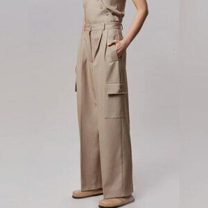 The Frankie Shop Maesa Wide Leg High Waist Cargo Trouser Pants in Taupe Brown S